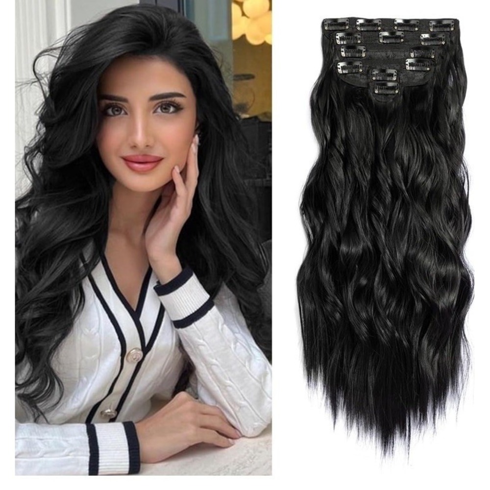 Dowugie Hair Extensions Women 20in Black New 6pc Synthetic Wavy Clip In C462